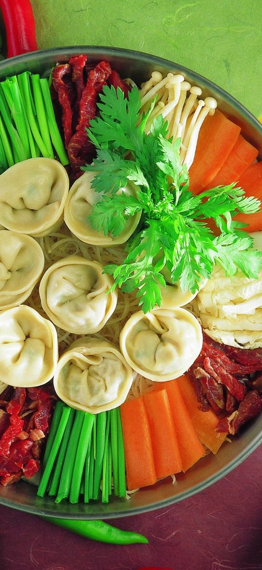 dumplings, vegetables, herbs, pepper