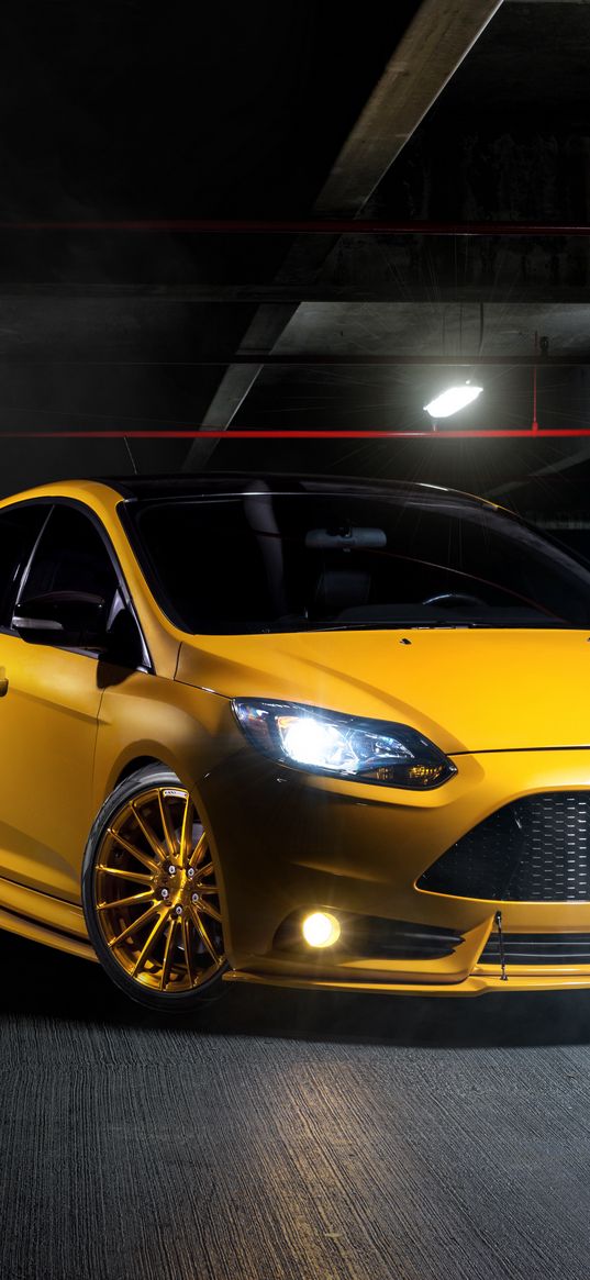 focus, ford, front view, yellow, cars