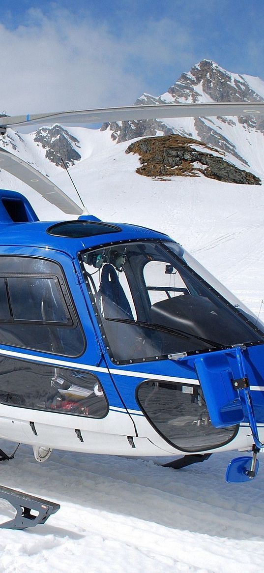 helicopter, snow, mountains, sky