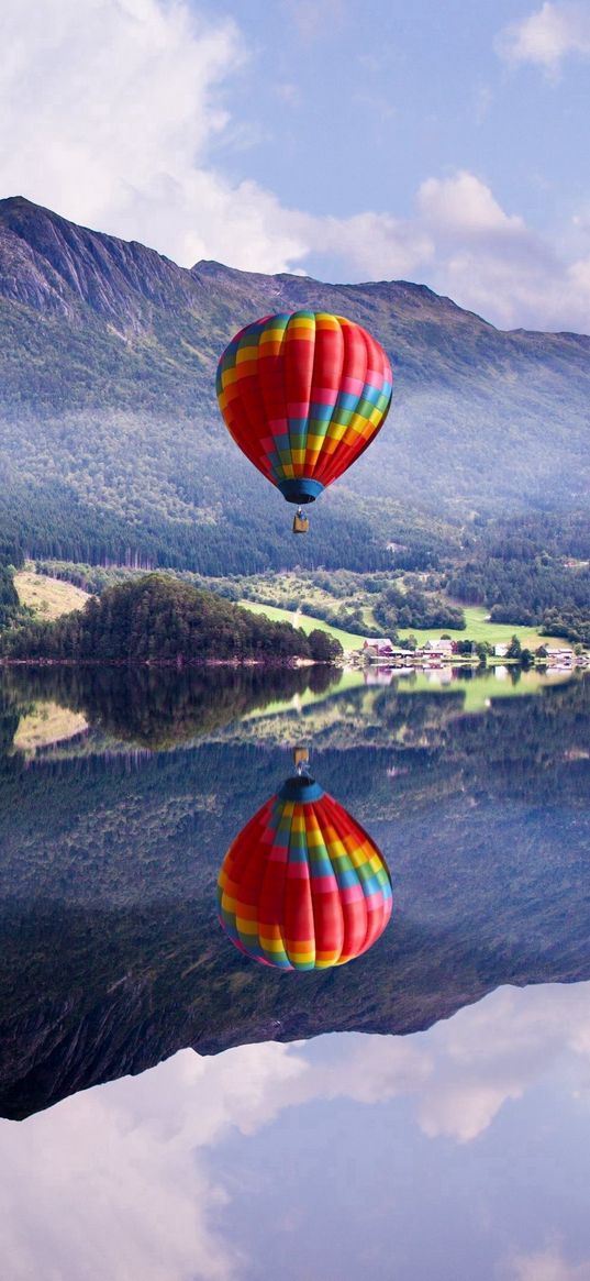 air balloon, mountain, lake, reflection