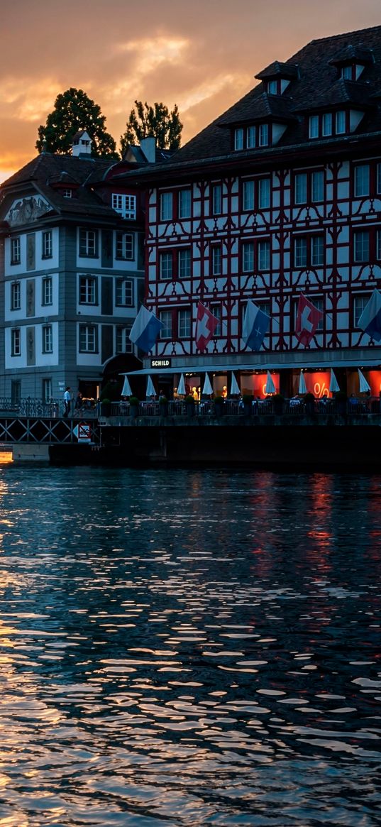 lucerne, switzerland, swan, building, evening