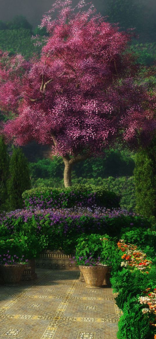 landscape, gardens, flowers, trees