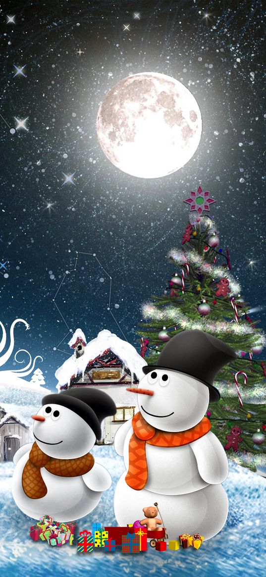 new year, snowmen, night, greeting, holiday, christmas