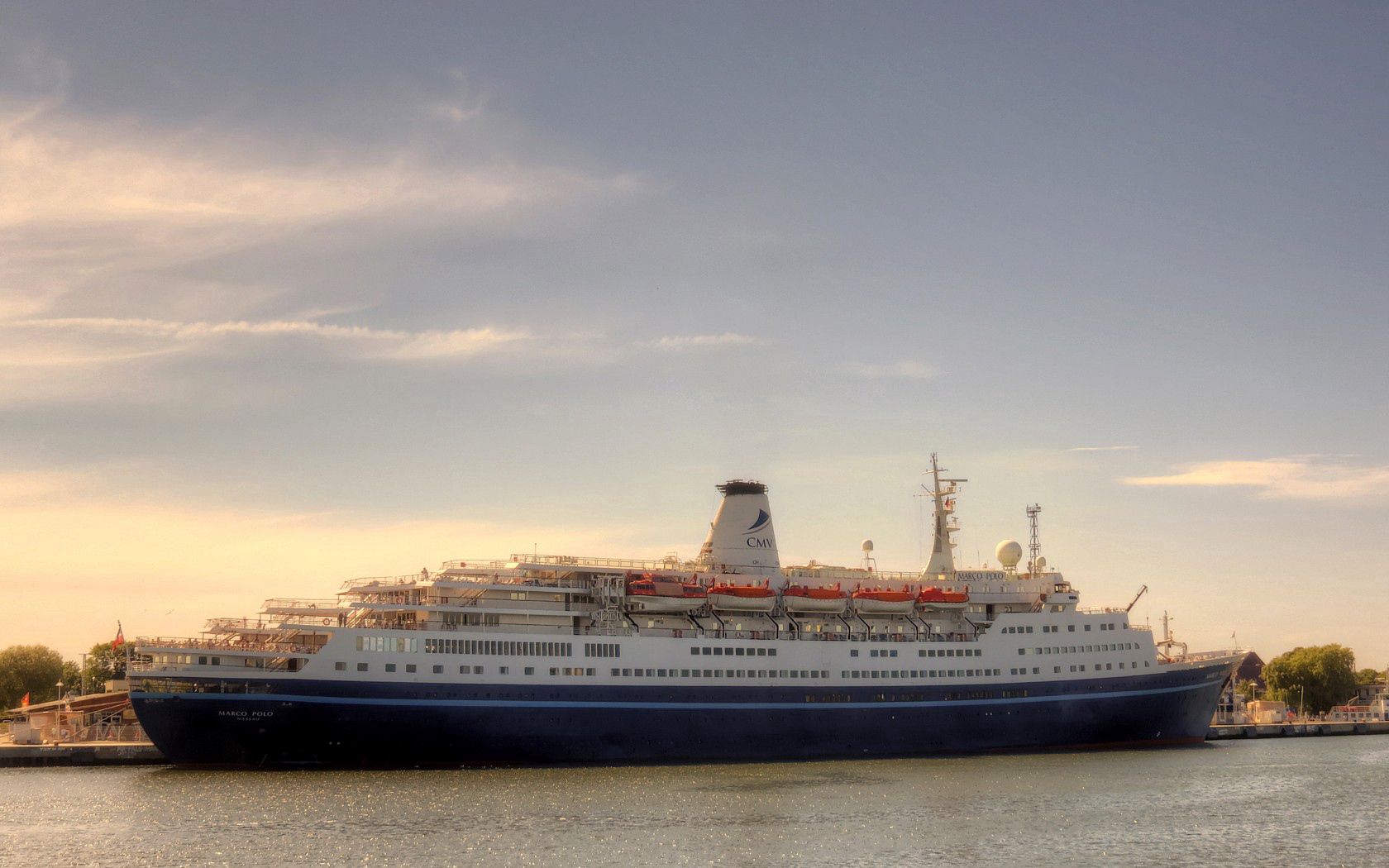 ship, cruise ship, sky, river