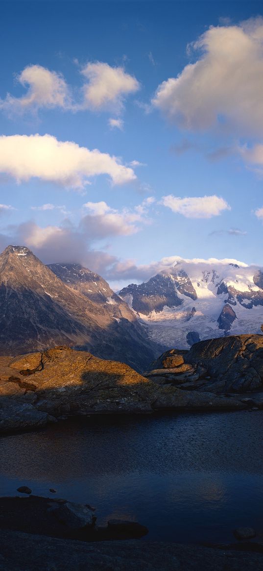 mountains, lake, ripples, shade, clouds, snow