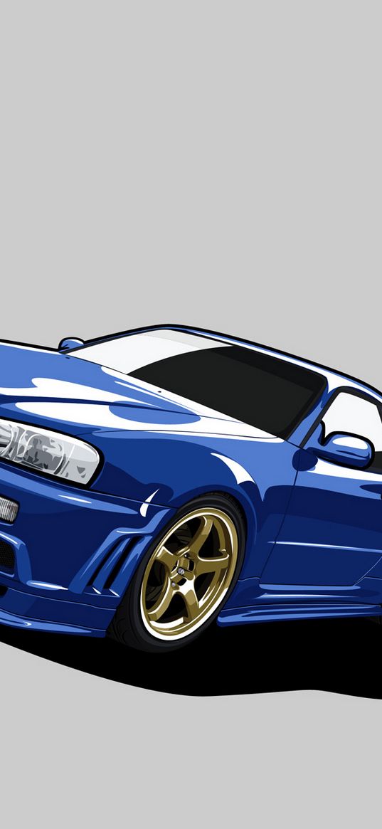 nissan, skyline, gt-r, r34, gtr, blue, minimalism