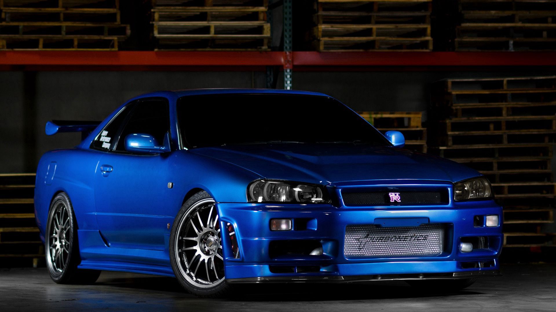 nissan skyline, gtr, r34, blue, front view