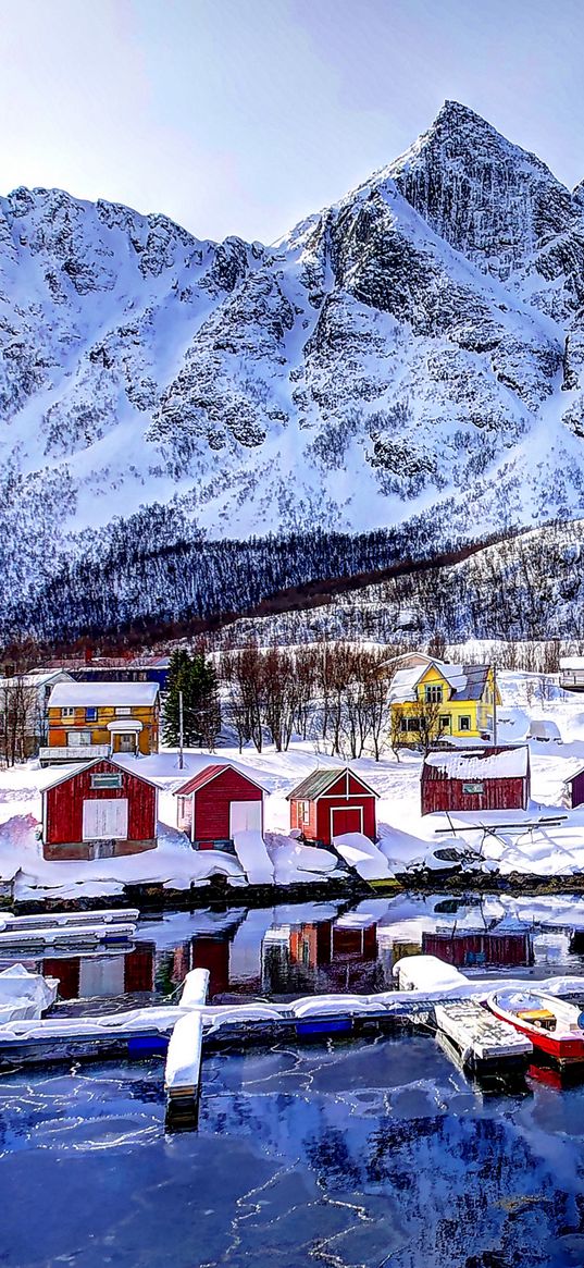 norway, mountains, buildings, bay, winter, snow