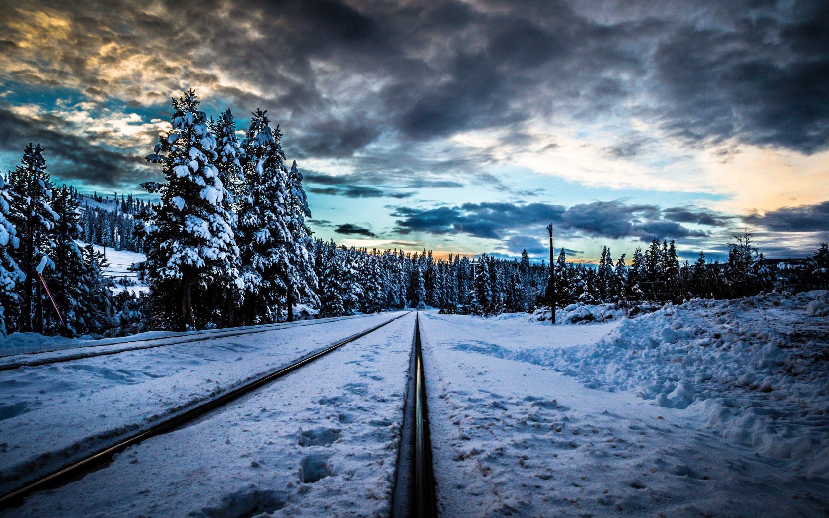 rails, railroad, winter, snow, hdr