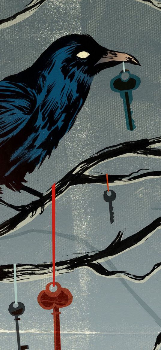 crows, art, keys, branch