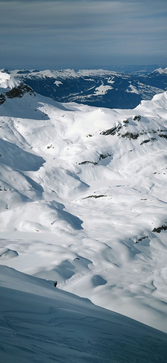 mountains, snow, height, gray, white, blue, fog