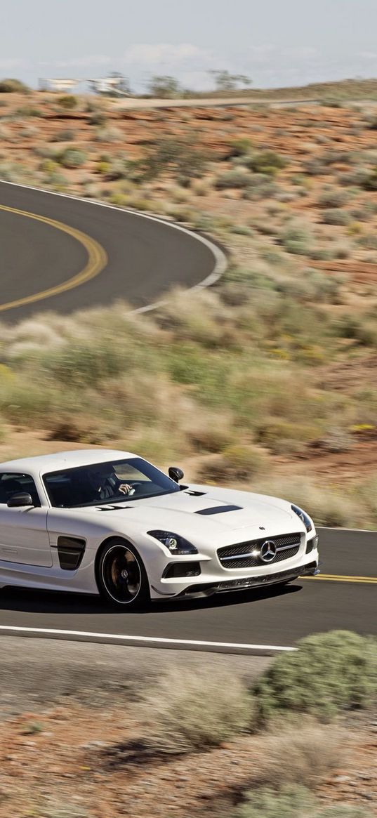 mercedes-benz, sls, amg, white, traffic, road