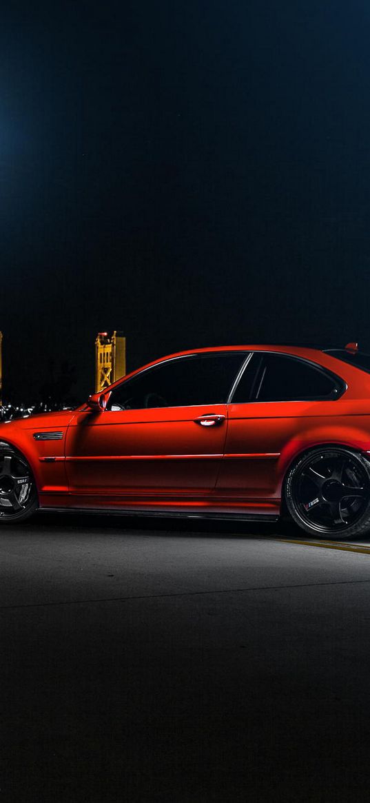 bmw, m3, e46, car, red, side view, night