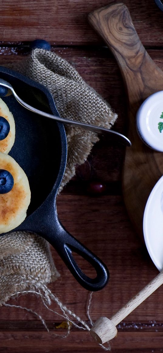 pancakes, fruit, bowl, blueberries, sour cream, honey