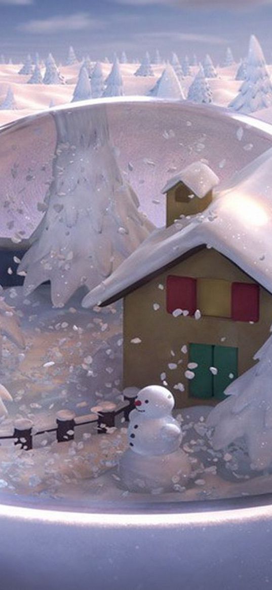 new year, christmas, gift, glass, snowman, snow, house, fur-trees