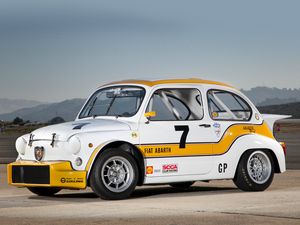 Preview wallpaper abarth fiat, 1000, white, yellow, retro, cars, sports, side view, mountains