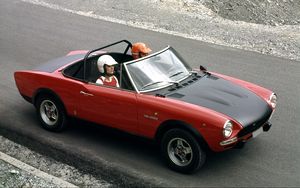 Preview wallpaper abarth, fiat 124, spider, red, blac, side view, pilots, old, road, car