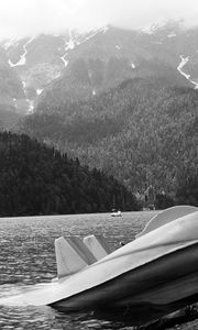 Preview wallpaper abkhazia, mountains, lake, ritsa, catamaran, coast, black-and-white