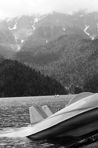 Preview wallpaper abkhazia, mountains, lake, ritsa, catamaran, coast, black-and-white