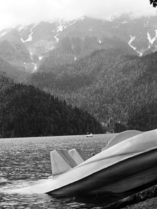 Preview wallpaper abkhazia, mountains, lake, ritsa, catamaran, coast, black-and-white