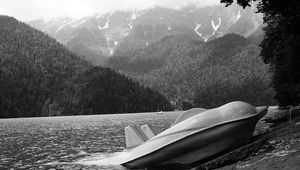 Preview wallpaper abkhazia, mountains, lake, ritsa, catamaran, coast, black-and-white