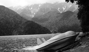 Preview wallpaper abkhazia, mountains, lake, ritsa, catamaran, coast, black-and-white