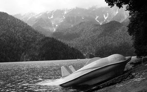 Preview wallpaper abkhazia, mountains, lake, ritsa, catamaran, coast, black-and-white