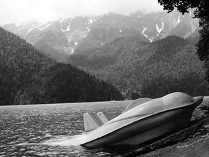 Preview wallpaper abkhazia, mountains, lake, ritsa, catamaran, coast, black-and-white