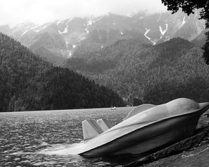 Preview wallpaper abkhazia, mountains, lake, ritsa, catamaran, coast, black-and-white