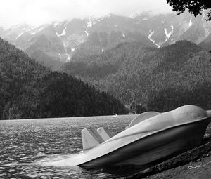 Preview wallpaper abkhazia, mountains, lake, ritsa, catamaran, coast, black-and-white