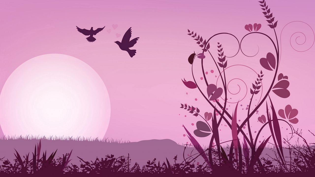 Wallpaper abstraction, pink, bird, grass, sun