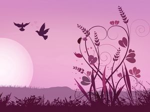 Preview wallpaper abstraction, pink, bird, grass, sun