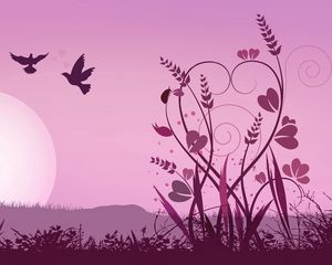 Preview wallpaper abstraction, pink, bird, grass, sun