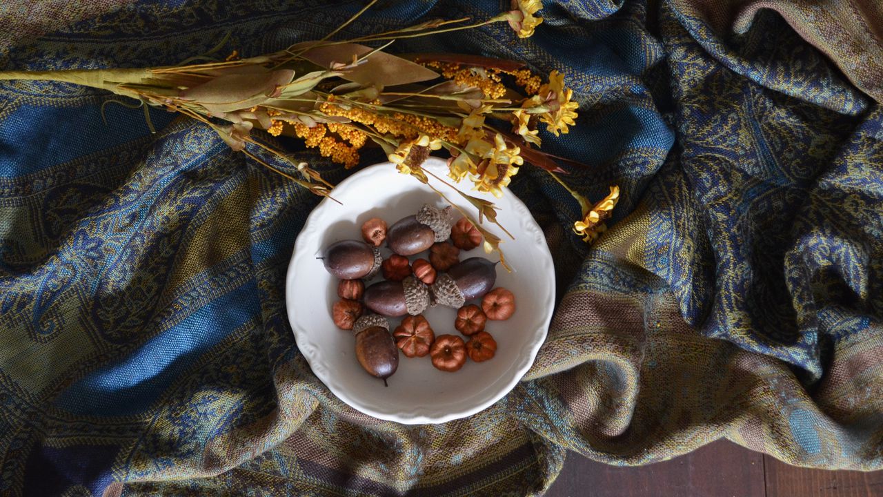Wallpaper acorns, plate, flowers, cloth
