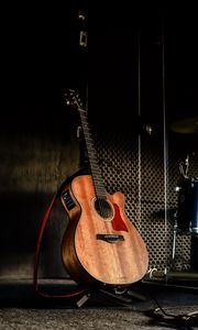Preview wallpaper acoustic guitar, guitar, brown, musical instrument, music