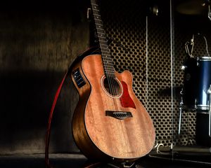 Preview wallpaper acoustic guitar, guitar, brown, musical instrument, music