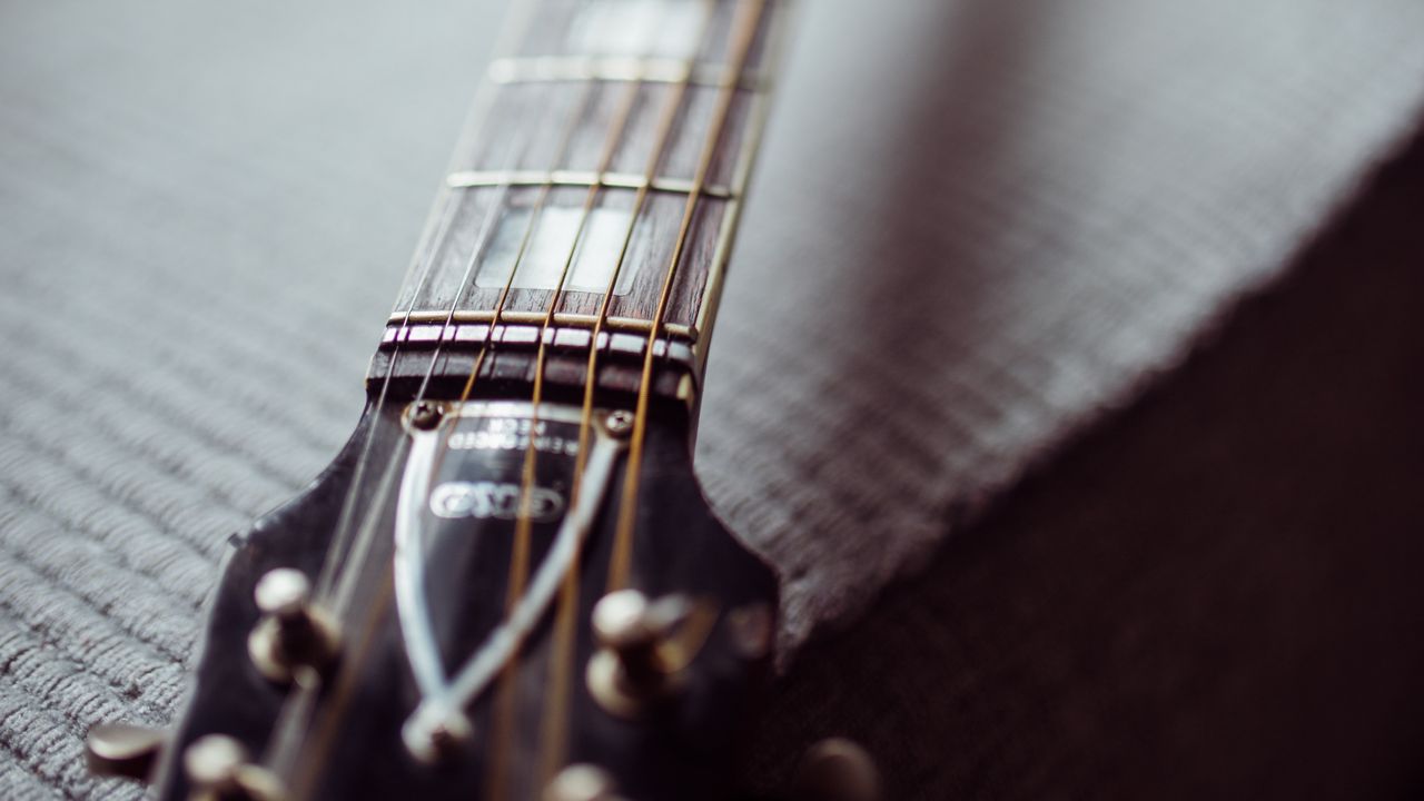 Wallpaper acoustic guitar, guitar, fretboard, strings, music, focus