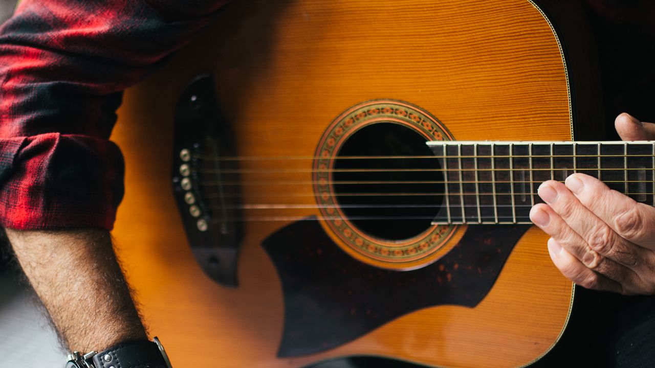 Wallpaper acoustic guitar, guitar, guitarist, notes, music