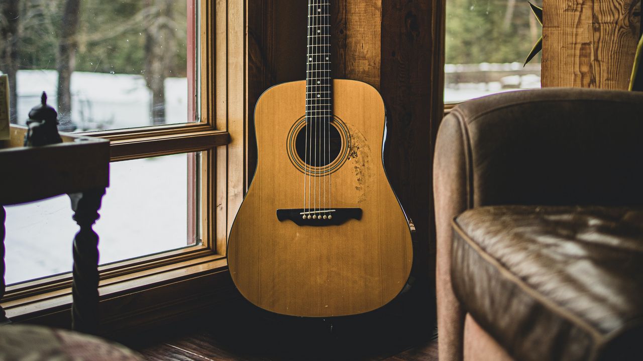 Wallpaper acoustic guitar, guitar, musical instrument, brown, wooden