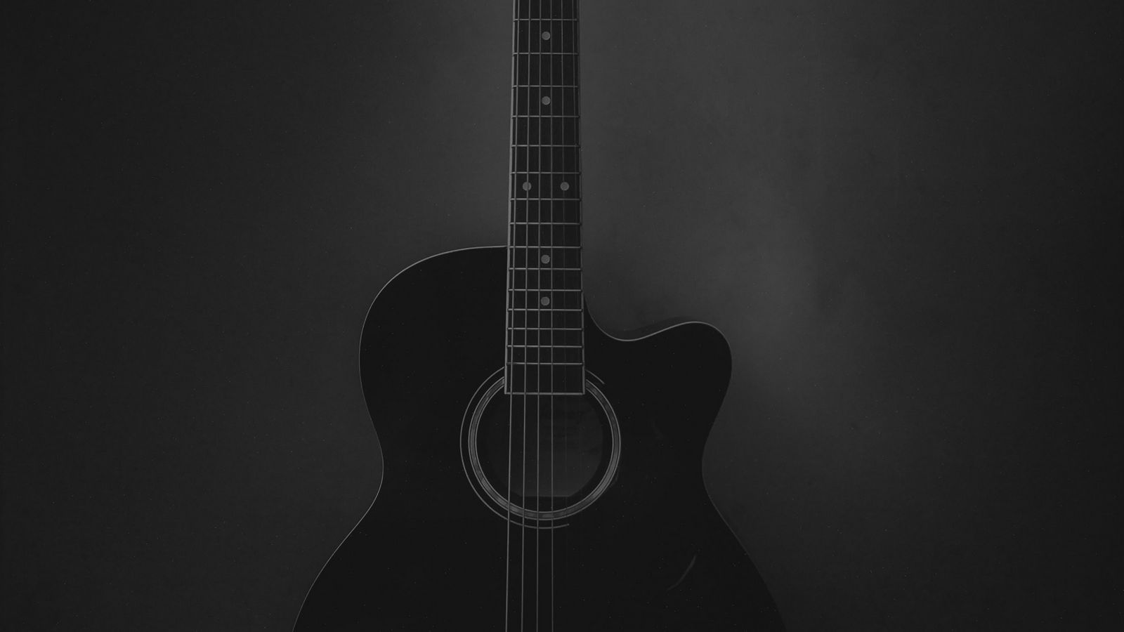 Download wallpaper 1600x900 acoustic guitar, guitar, musical instrument,  black, dark widescreen 16:9 hd background