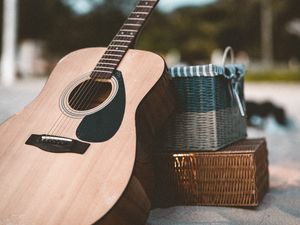 Preview wallpaper acoustic guitar, guitar, musical instrument, brown, sand