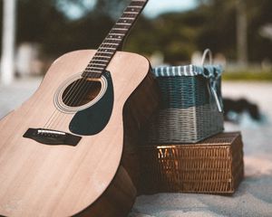 Preview wallpaper acoustic guitar, guitar, musical instrument, brown, sand
