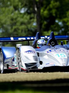 Preview wallpaper acura, arx-01, bolide, white, blue, front view, track, sports, traffic, trees, car