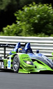 Preview wallpaper acura, arx-01, green, blue, traffic, sports, side view, track, driver, ca