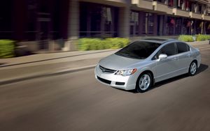 Preview wallpaper acura, csx, white, movement, speed, lateral view, building, sedan, auto