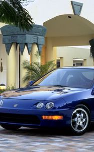 Preview wallpaper acura, integra, gs-r, blue, coupe, front view, sports, cars, building