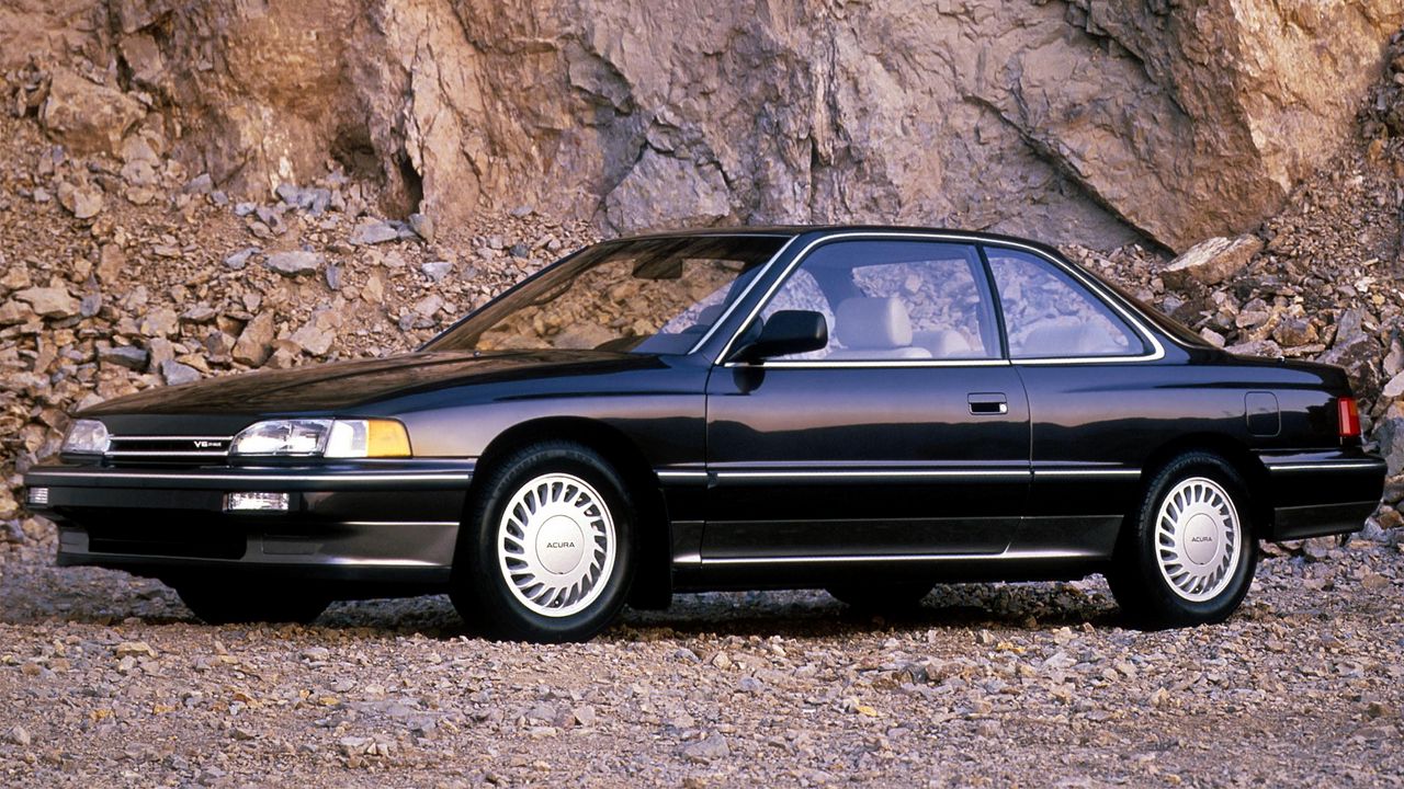 Wallpaper acura, legend, black, coupe, side view, cars, rocks