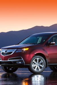 Preview wallpaper acura, mdx, burgundy, style, side view, wet asphalt, sunset, mountains, car