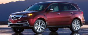 Preview wallpaper acura, mdx, burgundy, style, side view, wet asphalt, sunset, mountains, car