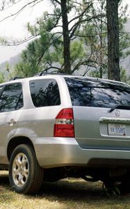 Preview wallpaper acura, mdx, silver metallic, jeep, rear view, forest, nature, cars